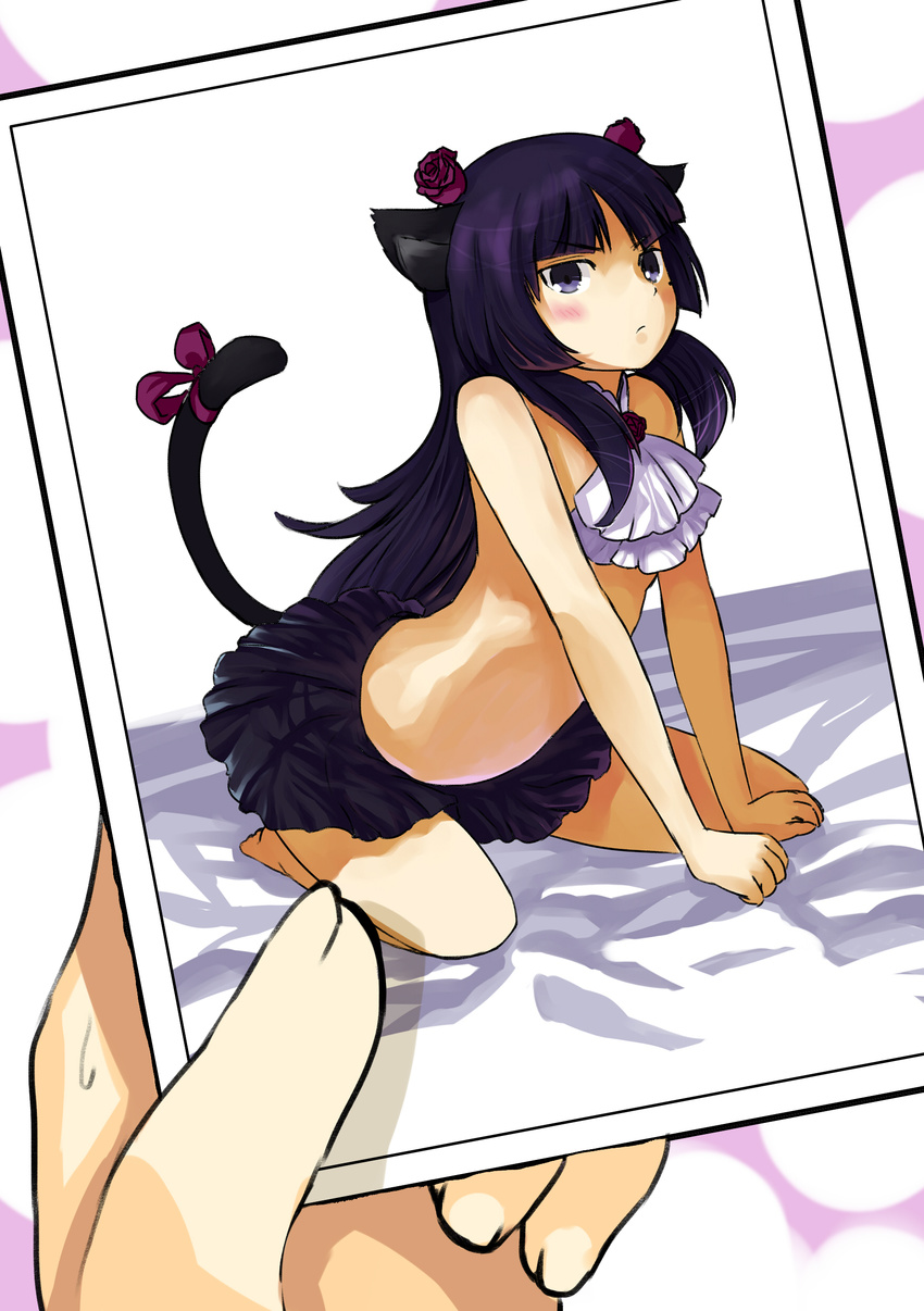 absurdres all_fours animal_ears bad_id bad_pixiv_id bare_shoulders black_hair blue_eyes blush cat_ears flower gokou_ruri hairband highres long_hair mole mole_under_eye no_bra orangec ore_no_imouto_ga_konna_ni_kawaii_wake_ga_nai photo_(object) purple_flower purple_rose rose skirt solo_focus tail