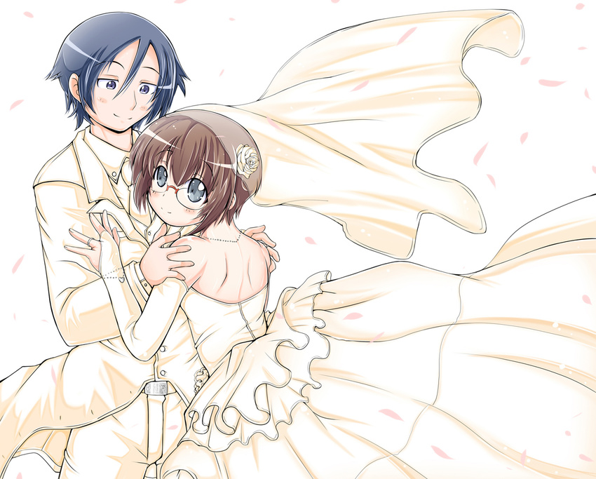 1girl bare_shoulders black_eyes bridal_veil brown_hair couple dress flower glasses good_end hetero jewelry kousaka_kyousuke mad_(hazukiken) ore_no_imouto_ga_konna_ni_kawaii_wake_ga_nai ring short_hair tamura_manami veil wedding wedding_dress