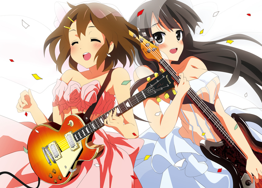 akiyama_mio bare_shoulders bass_guitar black_eyes black_hair breasts brown_hair cleavage closed_eyes confetti dress electric_guitar guitar hair_ornament hairclip highres hirasawa_yui instrument k-on! long_hair medium_breasts multiple_girls open_mouth oyu_no_kaori round_teeth teeth veil