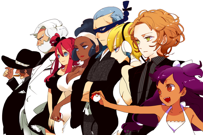 4girls aloe_(pokemon) arty_(pokemon) beard blonde_hair blue_eyes blue_hair breasts cigar cleavage cowboy cowboy_hat dark_skin dress facial_hair formal fuuro_(pokemon) group_picture group_profile gym_leader hachiku_(pokemon) halterneck hat headphones holding holding_poke_ball iris_(pokemon) japanese_clothes jewelry kamitsure_(pokemon) large_breasts lastgray lineup lipstick makeup mask multiple_boys multiple_girls open_mouth poke_ball poke_ball_(generic) pokemon pokemon_(game) pokemon_bw profile red_hair ring shaga_(pokemon) short_dress smile suit wedding_band western yacon_(pokemon)