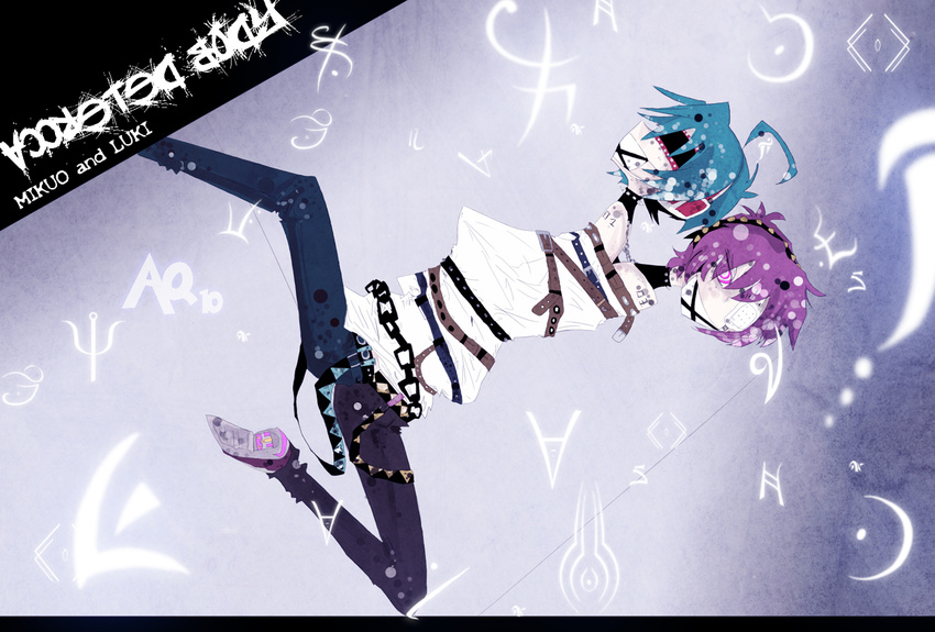 aria_quarzo bdsm blue_hair bondage bound chain eyepatch genderswap hatsune_mikuo headphones male_focus mask megurine_luki multiple_boys pink_hair short_hair straitjacket strap vocaloid