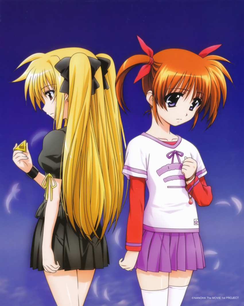 absurdres bardiche blonde_hair blue_eyes brown_hair casual fate_testarossa highres long_hair lyrical_nanoha mahou_shoujo_lyrical_nanoha mahou_shoujo_lyrical_nanoha_the_movie_1st multiple_girls non-web_source raising_heart short_twintails takamachi_nanoha thighhighs twintails very_long_hair white_legwear zettai_ryouiki