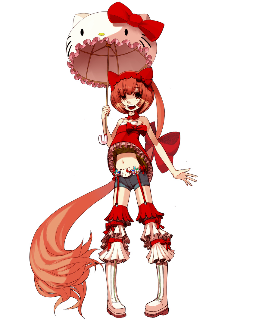 animal_ears animal_themed_umbrella bad_id bad_pixiv_id boots brown_eyes frills full_body hello_kitty hello_kitty_to_issho! highres kansou_samehada long_hair navel nekomura_iroha pink_hair ponytail simple_background smile solo umbrella very_long_hair vocaloid