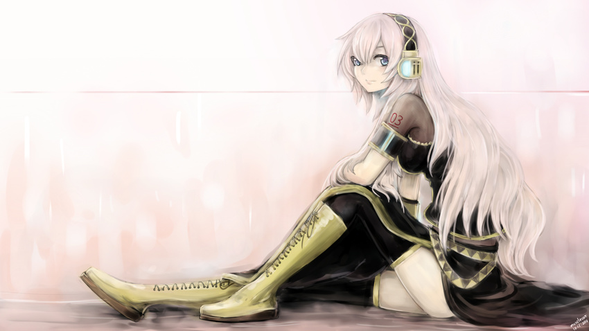 blue_eyes boots headphones highres long_hair megurine_luka musclecar pink_hair sitting skirt solo thighhighs vocaloid zettai_ryouiki