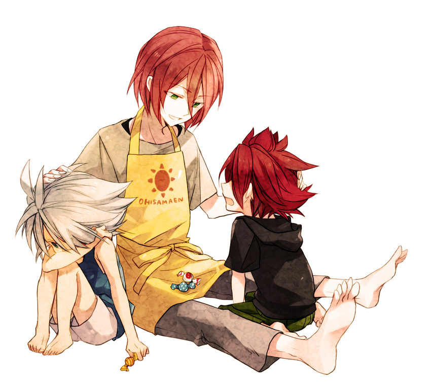 apron barefoot blue_eyes candy food green_eyes hood hoodie inazuma_eleven inazuma_eleven_(series) kiyama_hiroto maka_(morphine) multiple_boys nagumo_haruya red_hair suzuno_fuusuke white_hair younger