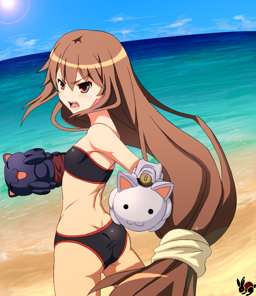 :3 :d :o ^_^ angry armpits ass back bandeau bangs baron_(baron-eros) beach bikini black_bikini black_cat blue_sky blush brown_eyes brown_hair bunny cat closed_eyes cloud cowboy_shot day dimples_of_venus fangs flat_chest floating_hair gloves hair_between_eyes highres lens_flare long_hair looking_at_viewer looking_back low-tied_long_hair o_o ocean ookami-san ookami_ryouko open_mouth outdoors profile scrunchie sidelocks signature sky smile solo standing sun sweatdrop swimsuit taut_bikini taut_clothes very_long_hair water white_cat
