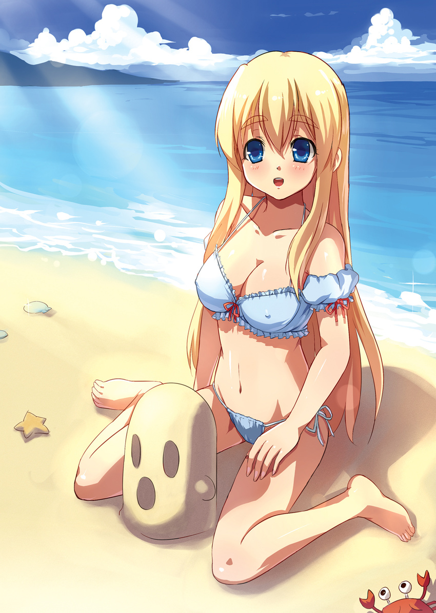 bad_id bad_pixiv_id barefoot beach bikini blonde_hair blue_eyes breasts cleavage cloud covered_nipples crab day eyebrows highres k-on! kotobuki_tsumugi legs lens_flare light_rays long_hair medium_breasts navel outdoors sand_sculpture side-tie_bikini sitting solo starfish sunbeam sunlight swimsuit wariza xiangtu