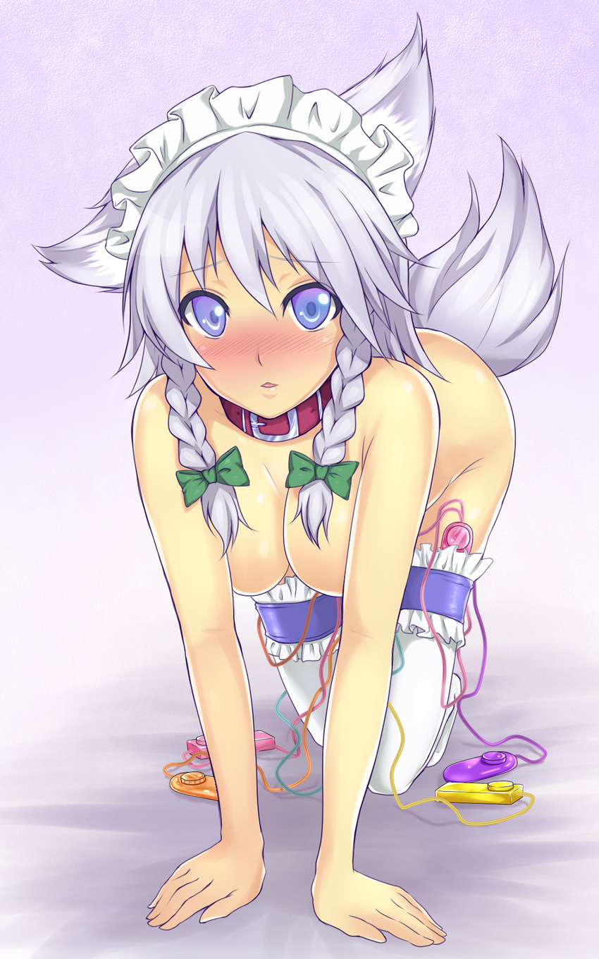all_fours animal_ears blue_eyes blush braid breasts collar dog_ears dog_tail egg_vibrator face hanging_breasts highres izayoi_sakuya kemonomimi_mode large_breasts maid_headdress makita_(twosidegekilove) multiple_insertions nude object_insertion short_hair silver_hair solo tail thighhighs too_many too_many_sex_toys touhou twin_braids vibrator vibrator_in_thighhighs