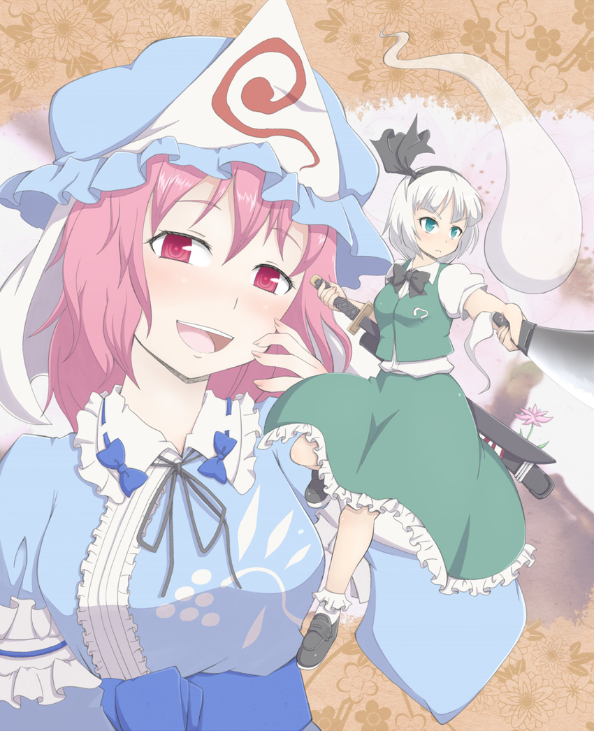 blush dress g_ken ghost hairband hat highres hitodama japanese_clothes katana kimono konpaku_youmu konpaku_youmu_(ghost) multiple_girls pink_eyes pink_hair saigyouji_yuyuko short_hair silver_hair sword touhou weapon