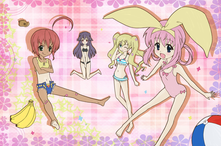 bad_id bad_pixiv_id ball banana bandaid barefoot beachball bikini black_hair blonde_hair blue_eyes bow cordelia_glauca feet flat_chest food fruit green_eyes hercule_barton long_hair multiple_girls navel omotyanoneko one-piece_swimsuit one_eye_closed pink_hair red_eyes red_hair ribbon sherlock_shellingford short_hair shorts swimsuit tan tantei_opera_milky_holmes twintails yuzurizaki_nero