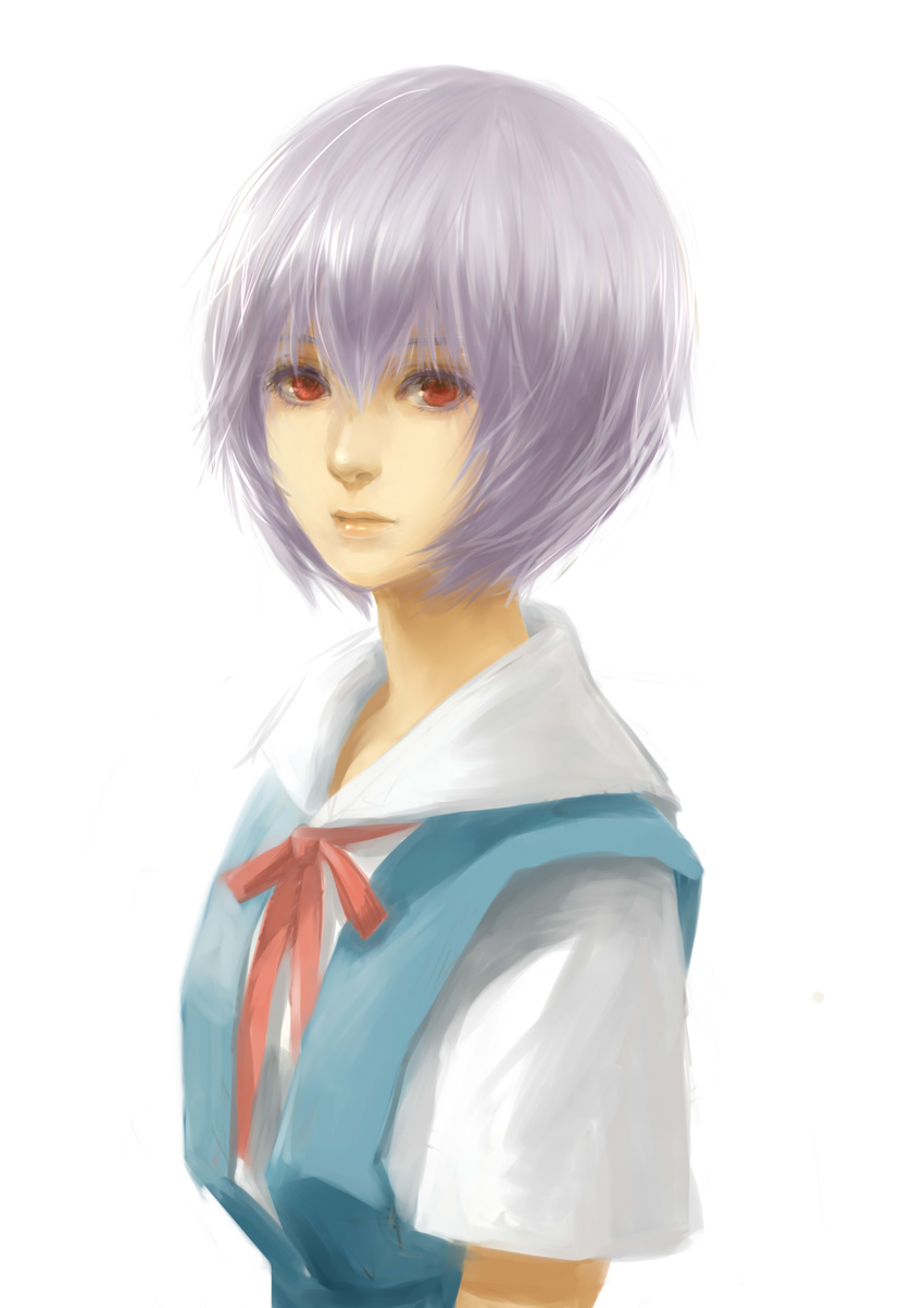 absurdres ask_(askzy) ayanami_rei bad_id bad_pixiv_id highres lips neon_genesis_evangelion red_eyes ribbon school_uniform short_hair silver_hair simple_background solo upper_body