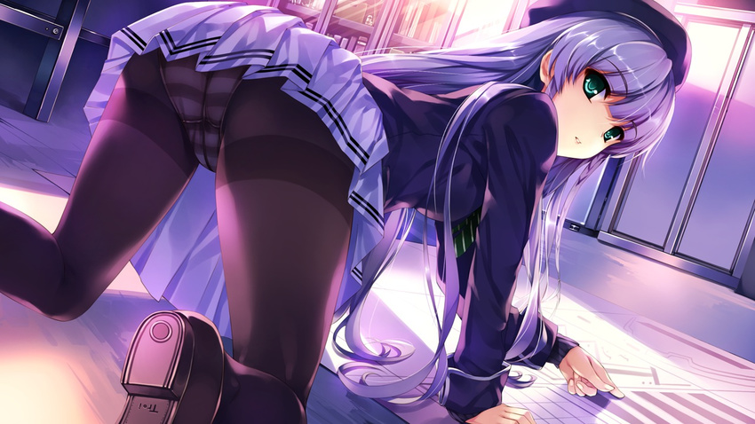 all_fours ass beret black_legwear blue_hair cameltoe crotch_seam from_behind furukawa_yui game_cg green_eyes hat kuroya_shinobu lavender_hair long_hair looking_back non-web_source open_mouth panties panties_under_pantyhose pantyhose pleated_skirt school_uniform shoes skirt solo thighband_pantyhose underwear ushinawareta_mirai_wo_motomete