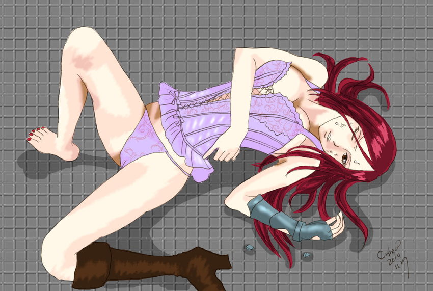 1girl barefoot brown_eyes cashew corset erza_scarlet fairy_tail feet female foot lingerie long_hair lying lying_down nail_polish purple_thong red_hair solo toenails toes underwear