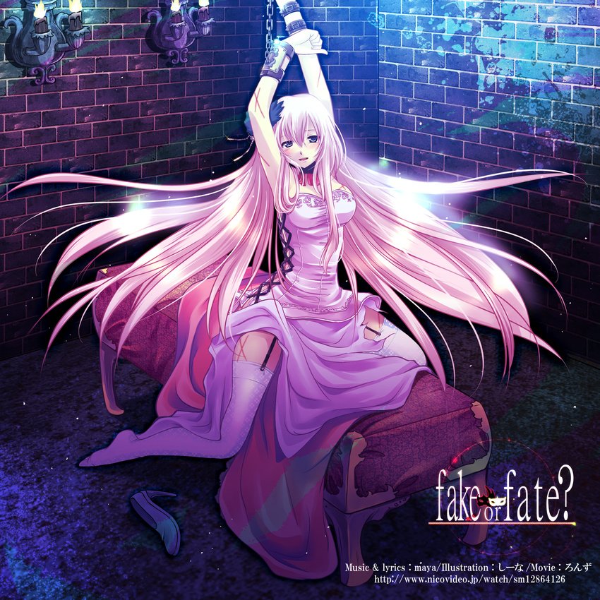 absurdres arms_up bad_id bad_pixiv_id bdsm blue_eyes bondage bound chain child-box dress garter_belt hair_ornament highres long_hair megurine_luka pink_hair sitting solo thighhighs very_long_hair vocaloid white_legwear