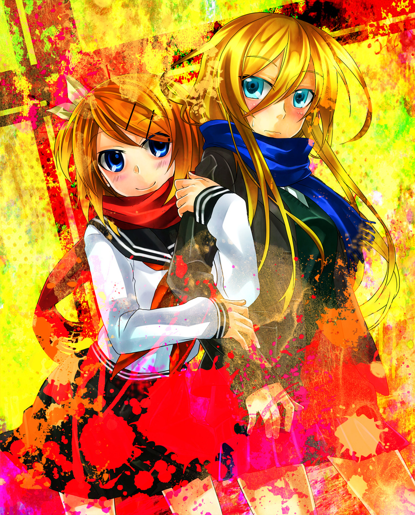bad_id bad_pixiv_id blonde_hair blue_eyes blush casual colorized hair_ornament hairclip highres kagamine_rin lily_(vocaloid) multiple_girls scarf school_uniform vandyke_brown vocaloid