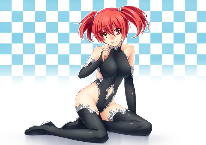 absurdres bare_shoulders boots breasts bridal_gauntlets brown_eyes checkered checkered_background eating highleg highleg_leotard highres hips impossible_clothes large_breasts leotard mouth_hold navel navel_cutout original red_hair short_hair side_cutout sitting solo thigh_boots thighhighs tsuki_tokage twintails yokozuwari