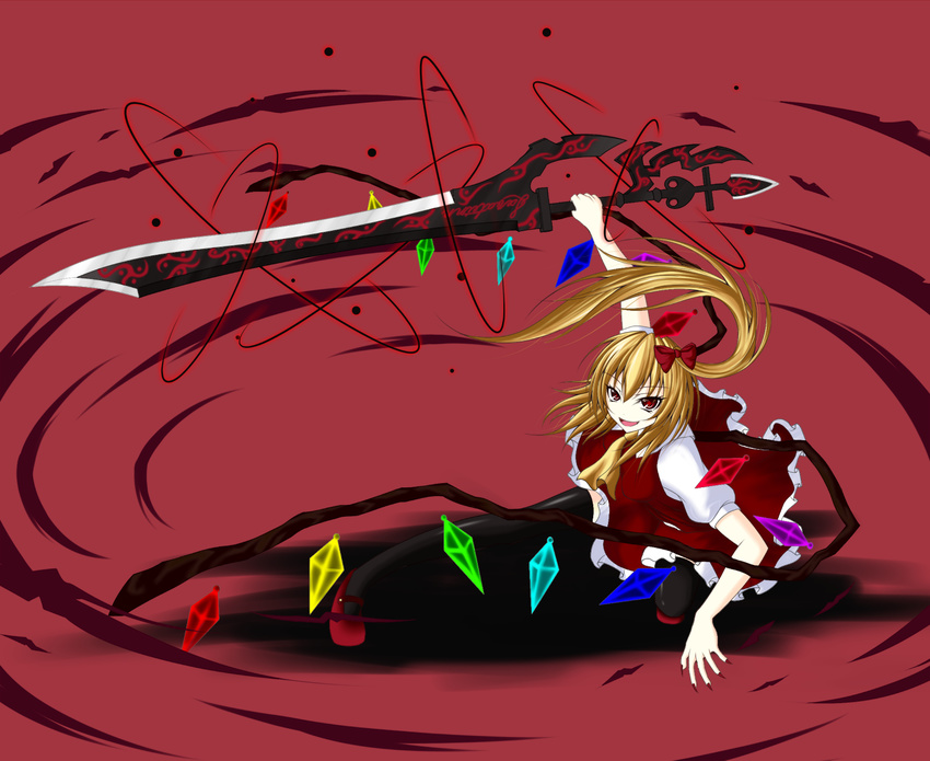 ascot black_legwear blonde_hair bow dress fingernails flandre_scarlet gmot hair_bow highres laevatein nail_polish no_hat no_headwear ponytail red_eyes red_nails short_hair side_ponytail smile solo sword symbol-shaped_pupils thighhighs touhou weapon wings