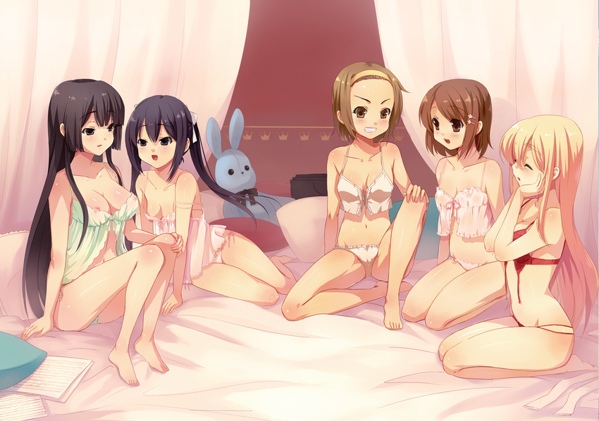 akiyama_mio areolae babydoll bad_id bad_pixiv_id barefoot bed black_eyes black_hair blonde_hair bra breasts brown_eyes brown_hair bunny canopy_bed cleavage closed_eyes feet grin highres hips hirasawa_yui k-on! kneeling kotobuki_tsumugi lingerie long_hair medium_breasts multiple_girls nakano_azusa negligee nipple_slip nipples no_bra panties red_bra red_panties see-through short_hair side-tie_panties small_breasts smile string_panties stuffed_animal stuffed_bunny stuffed_toy tainaka_ritsu thighs underwear underwear_only white_panties xiangtu