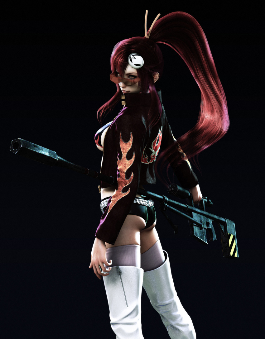 3d anti-materiel_rifle ass boots breasts gun highres ikedan long_hair medium_breasts pink_legwear ponytail red_eyes rifle shooting_glasses short_shorts shorts sniper_rifle solo sunglasses tengen_toppa_gurren_lagann thigh_boots thighhighs weapon yoko_littner