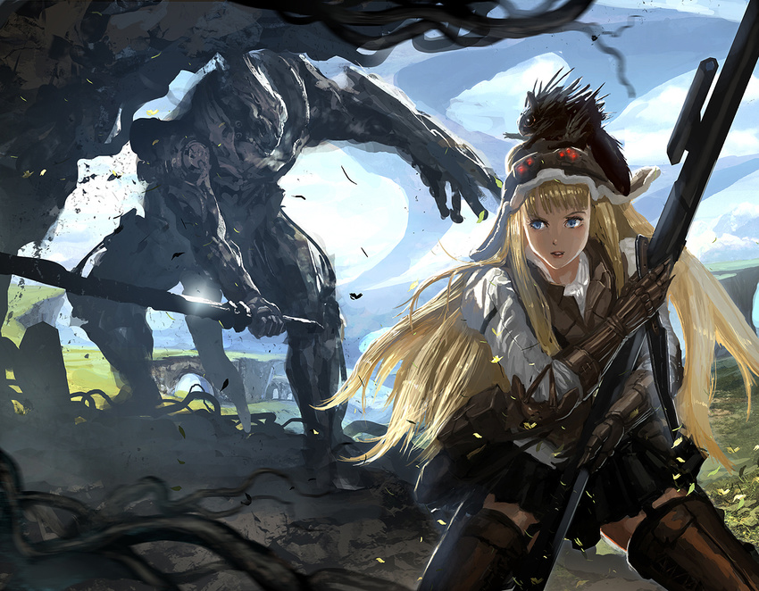 attack bad_id bad_pixiv_id black_skirt blonde_hair blue_eyes brown_legwear brown_vest creature creature_on_head day elbow_gloves garter_straps giant gloves gun hat holding holding_gun holding_sword holding_weapon long_hair long_sleeves mechanical_arms miniskirt monster nature on_head original parted_lips pouch roots shirt sideways_glance skirt sky sword vanipo very_long_hair vest weapon white_shirt