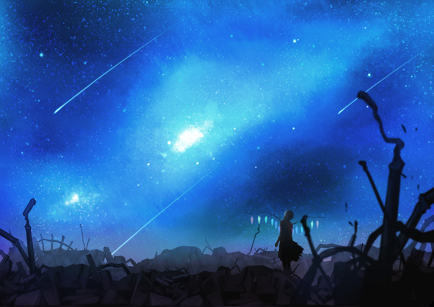 bad_id bad_pixiv_id flandre_scarlet from_behind highres milky_way night night_sky older pochiharu ruins scenery shooting_star sky solo standing star_(sky) starry_sky touhou wallpaper