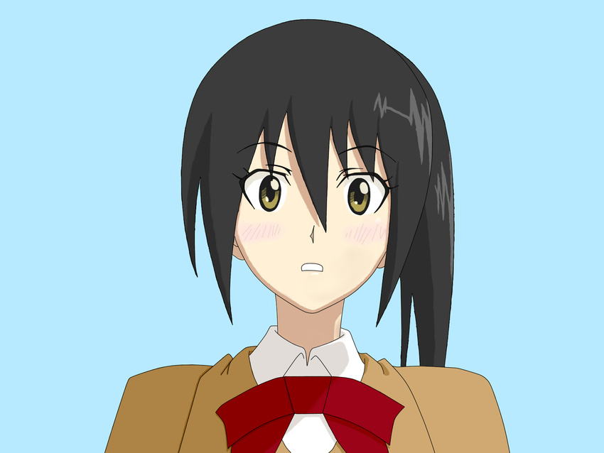 1600x1200 asymmetrical_hair black_hair blush brown_eyes female highres long_hair mitsuba_mutsumi school_uniform seitokai_yakuindomo simple_background solo wallpaper