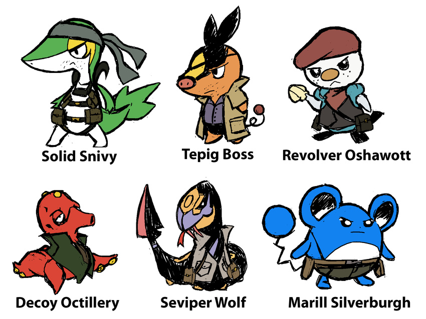 decoy_octopus gen_2_pokemon gen_3_pokemon gen_5_pokemon highres marill meryl_silverburgh metal_gear_(series) metal_gear_solid no_humans octillery oshawott parody pokemon pokemon_(creature) pun revolver_ocelot seviper sniper_wolf snivy solid_snake tepig