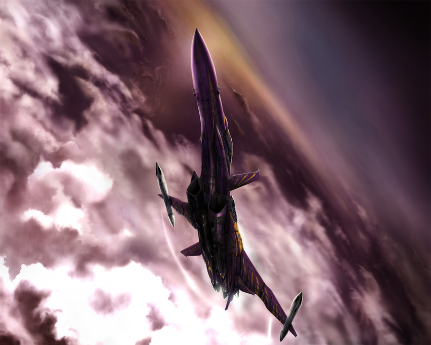 airplane anti-u.n. artist_request cloud dusk flying highres jet macross macross_zero mecha no_humans nora_polyansky realistic sky sv-51 variable_fighter