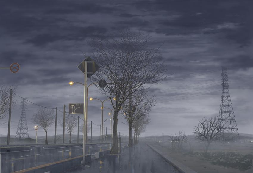 image_sample isai_shizuka lamppost md5_mismatch no_humans original pixiv_sample power_lines rain road road_sign scenery sign tree