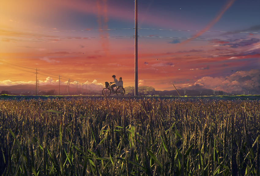 1girl bicycle cloud field ground_vehicle highres image_sample isai_shizuka md5_mismatch original pixiv_sample power_lines scenery sky