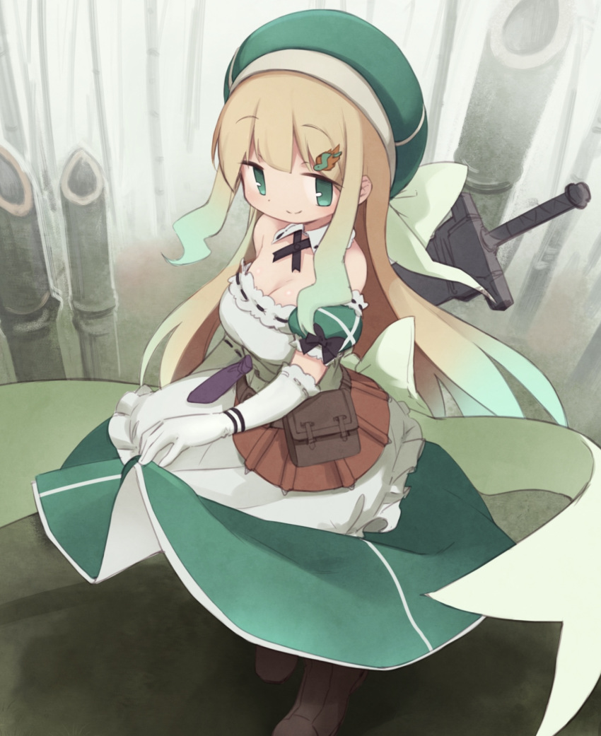 1girl bag bare_shoulders blonde_hair blush boots breasts brown_footwear cleavage closed_mouth collarbone detached_sleeves elbow_gloves eyebrows_visible_through_hair gloves green_eyes green_hair green_hat hat high_heel_boots high_heels highres large_breasts looking_at_viewer multicolored_hair okayparium satchel senran_kagura sheath sheathed smile solo squatting sword two-tone_hair weapon white_gloves yomi_(senran_kagura)