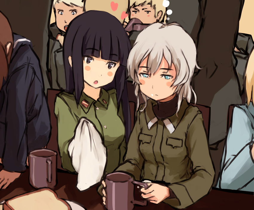 :o anabuki_tomoko black_hair blush_stickers cup elma_leivonen food food_on_face giuseppina_ciuinni heart military military_uniform mug multiple_girls sakomizu_haruka shibafu_(glock23) silver_hair uniform world_witches_series