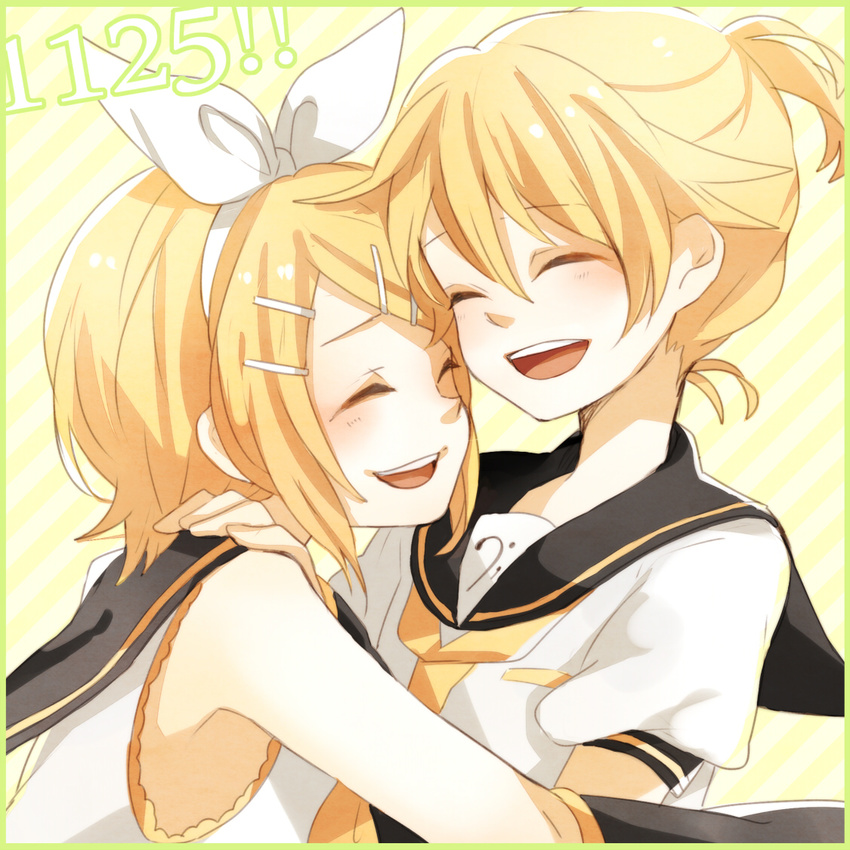 1girl blonde_hair blush bow brother_and_sister closed_eyes detached_sleeves hair_bow hair_ornament hair_ribbon hairclip hug kagamine_len kagamine_rin necktie open_mouth ponytail ribbon short_hair siblings smile tama_(songe) twins vocaloid yellow_neckwear