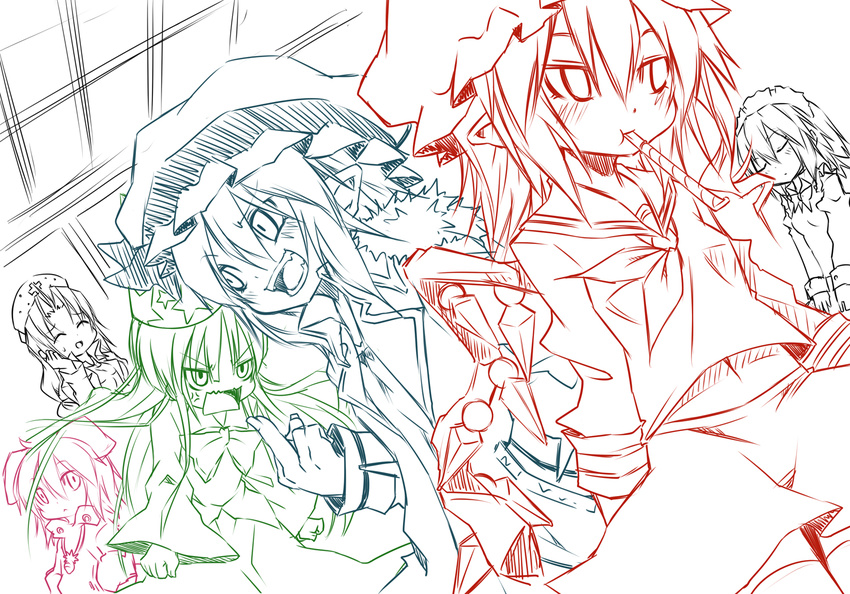 anger_vein bow carrot closed_eyes fangs flandre_scarlet houraisan_kaguya inaba_tewi izayoi_sakuya lineart maid maid_headdress middle_finger multiple_girls noya_makoto party_whistle remilia_scarlet school_uniform serafuku sketch star sweatdrop touhou work_in_progress yagokoro_eirin