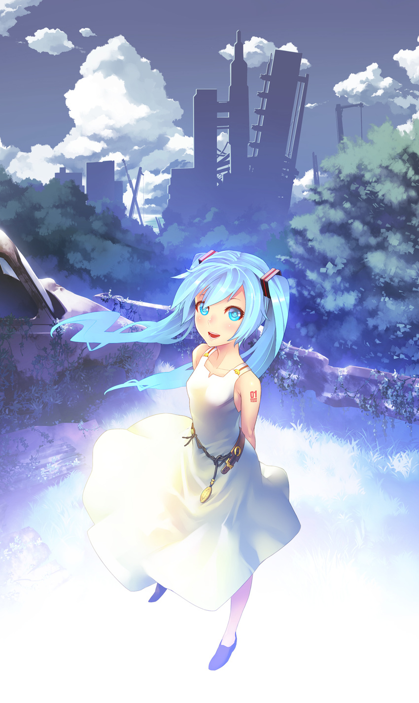 arms_behind_back bare_shoulders blue_eyes blue_hair building dress hatsune_miku highres kunieda long_hair open_mouth smile solo twintails vocaloid