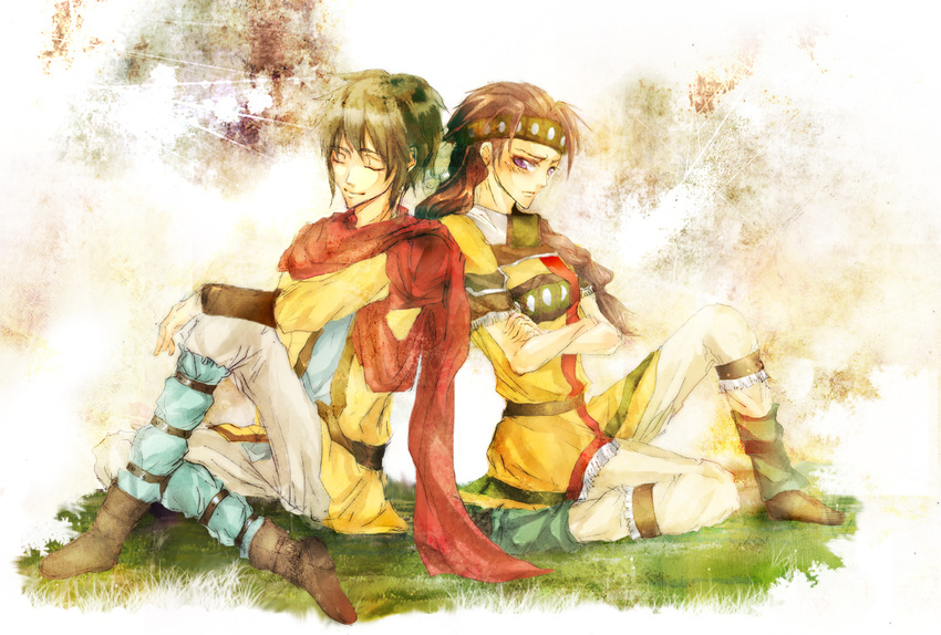 1boy 1girl ayda black_hair brown_eyes brown_hair cape couple crossed_arms eyes_closed female gensou_suikoden gensou_suikoden_ii headband holic69 kinnison long_hair male pants short_hair sitting suikoden suikoden_ii