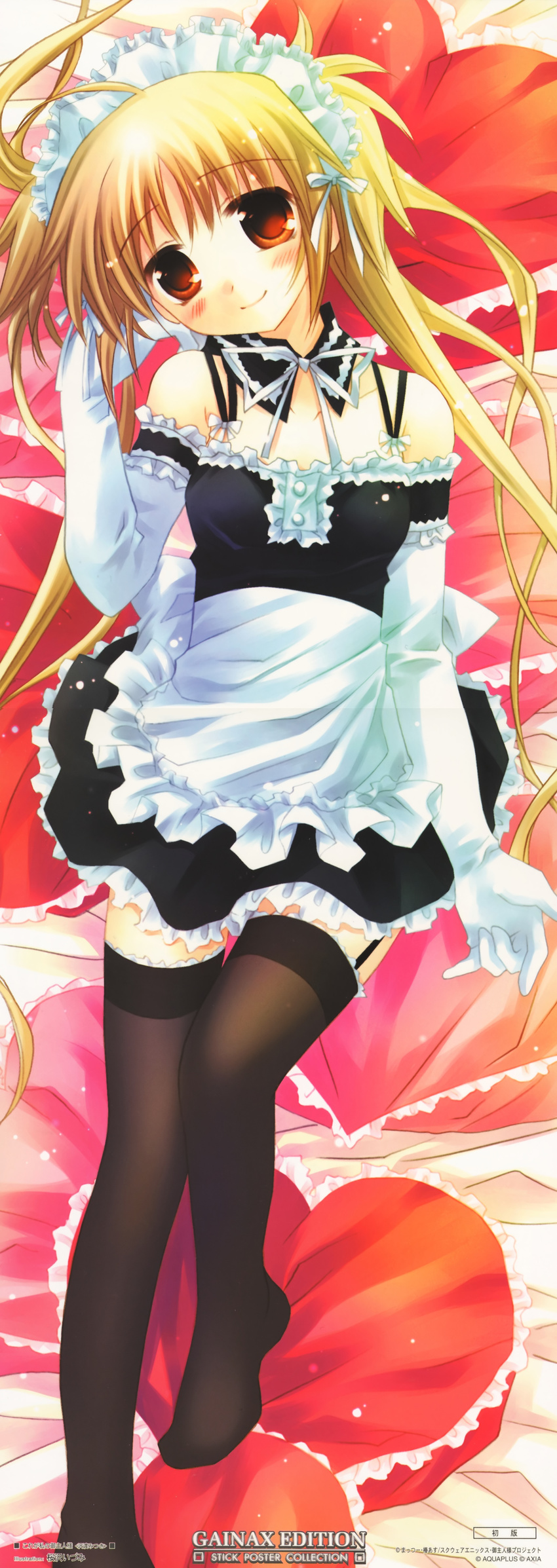 absurdres blonde_hair blush bow elbow_gloves gloves headdress highres kore_ga_watashi_no_goshujin-sama legs long_hair lying maid maid_headdress nakabayashi_yoshitaka's_maid_uniform orange_eyes sakurazawa_izumi sawatari_mitsuki smile solo thighhighs