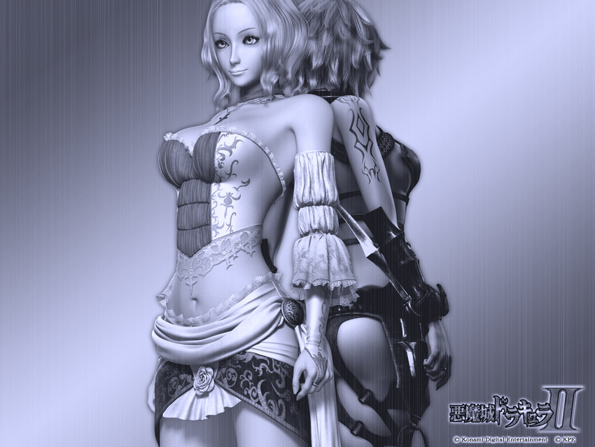 1girl 3d angela_(castlevania) ass breasts castlevania castlevania_pachislot cleavage cross cross_necklace dancer dark_persona dual_persona highres monochrome official_art short_hair solo