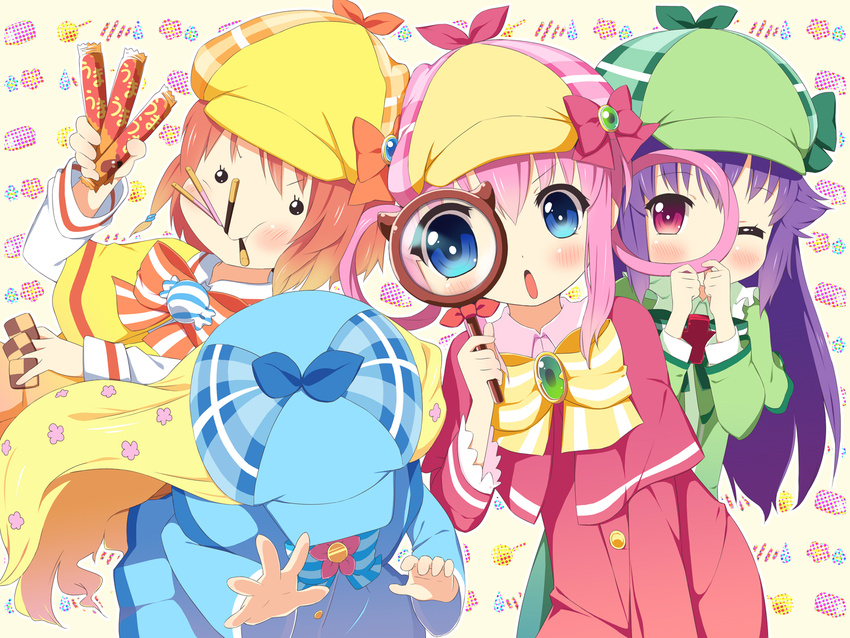 blush bow capelet cordelia_glauca deerstalker green_capelet hat hercule_barton highres magnifying_glass multiple_girls pink_bow sherlock_shellingford tantei_opera_milky_holmes tsukina_(artist) yuzurizaki_nero