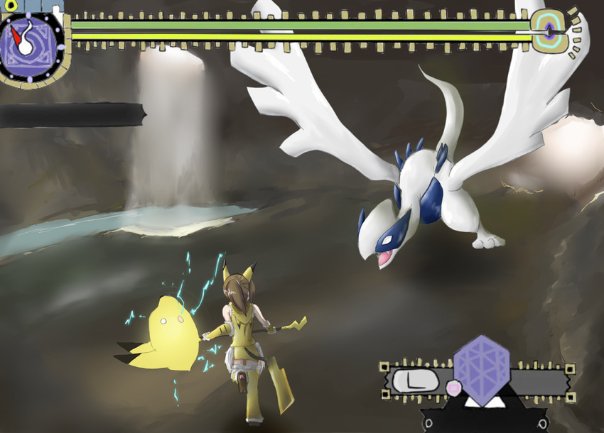 battle capcom cave electricity empty_eyes female hammer highres lugia mitsuru_(madeinore) monster_hunter parody pikachu pokemon