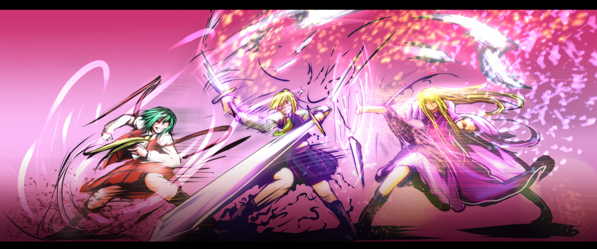 ascot battle blonde_hair boots broken broken_sword broken_weapon commentary_request dual_wielding ex-rumia feathers fighting_stance green_hair grin holding kazami_yuuka letterboxed long_hair motion_blur multiple_girls plaid plaid_skirt plaid_vest red_eyes rumia shiba_yuuki skirt skirt_set smile sword tabard touhou vest weapon yakumo_yukari