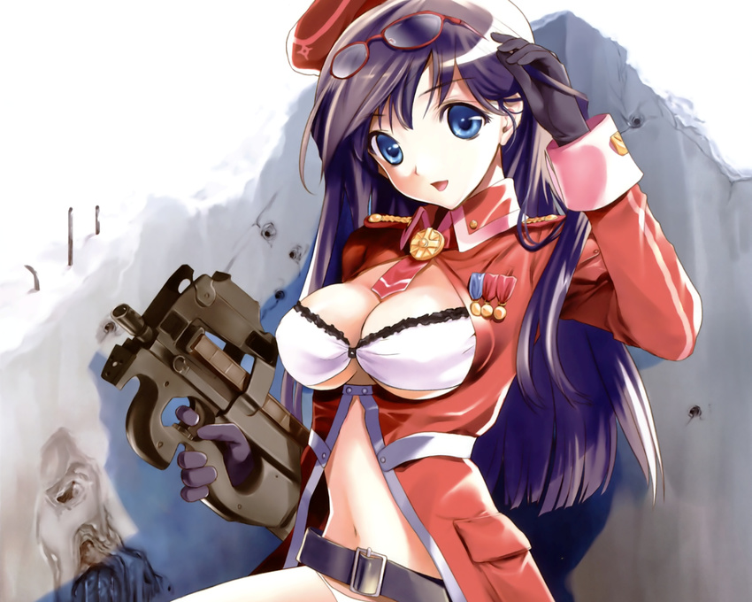 belt beret blue_eyes breasts bullpup character_request cleavage copyright_request eyewear_on_head glasses gun hat highres large_breasts masaharu medal midriff military military_uniform navel necktie p90 panties phonecard purple_hair solo source_request submachine_gun underwear uniform wall weapon