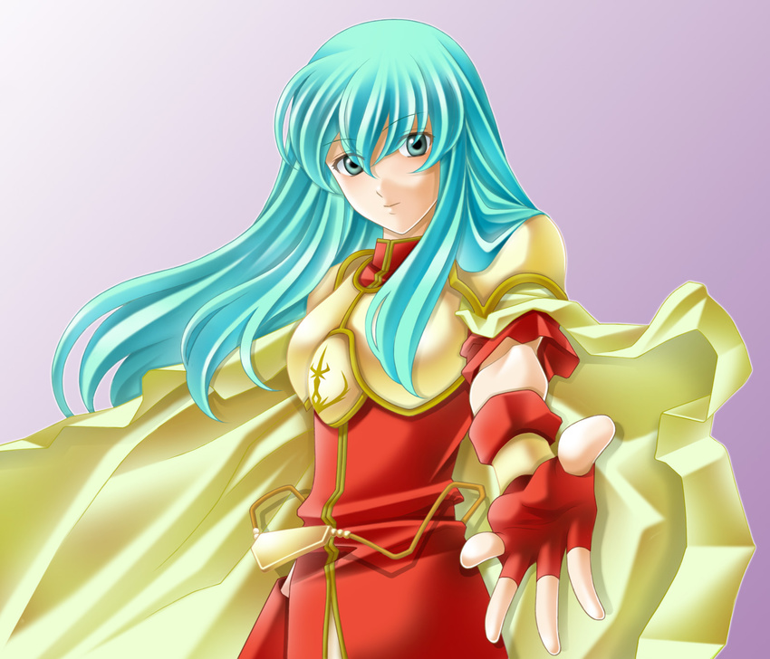 armor blue_eyes blue_hair cape eirika fingerless_gloves fire_emblem fire_emblem:_seima_no_kouseki gloves highres long_hair outstretched_hand tamamon