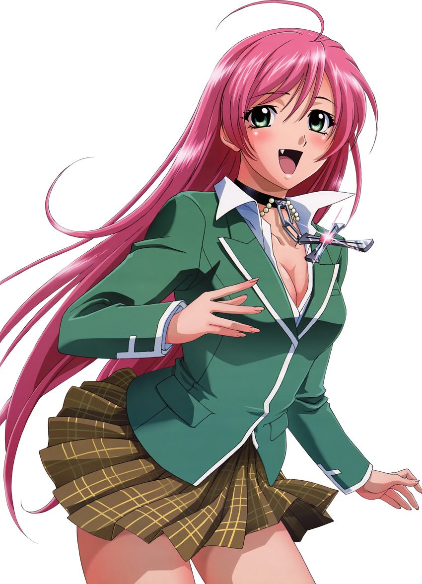 absurdres akashiya_moka blush breasts female green_eyes highres legs long_hair miniskirt photoshop pink_hair rosario+vampire school_uniform simple_background skirt smile solo thighs