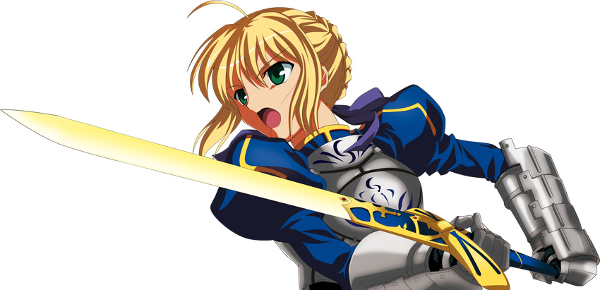 absurdres ahoge armor artoria_pendragon_(all) blonde_hair caliburn derivative_work fate/stay_night fate_(series) green_eyes hair_ribbon highres open_mouth oyu_no_kaori ribbon saber solo sword transparent_background type-moon weapon