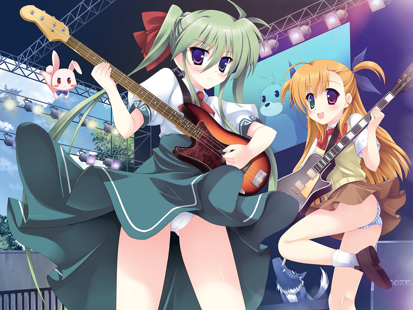 :3 :x bass_guitar blonde_hair blue_eyes blush bunny cloud einhart_stratos ferret green_eyes green_hair guitar hair_ribbon heterochromia instrument kouzuki_hajime leg_up long_hair lyrical_nanoha mahou_shoujo_lyrical_nanoha_strikers mahou_shoujo_lyrical_nanoha_vivid multiple_girls open_mouth panties pantyshot plectrum purple_eyes red_eyes ribbon sacred_heart skirt sky smile speaker stage stage_lights striped striped_panties tree twintails underwear vivio white_panties yuuno_scrya zafira