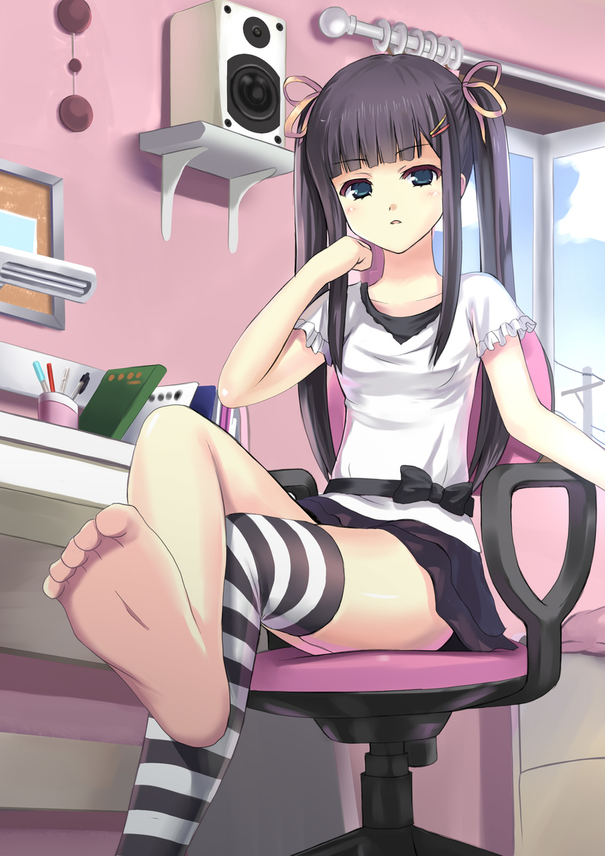 absurdres barefoot black_hair blue_eyes blush bow chin_rest crossed_legs cup curtains feet hair_ornament hair_ribbon hairclip highres indoors koyama_tomosato long_hair md5_mismatch open_mouth original pen pencil pov_feet ribbon sitting skirt soles solo speaker striped striped_legwear thighhighs toe_scrunch toes twintails window