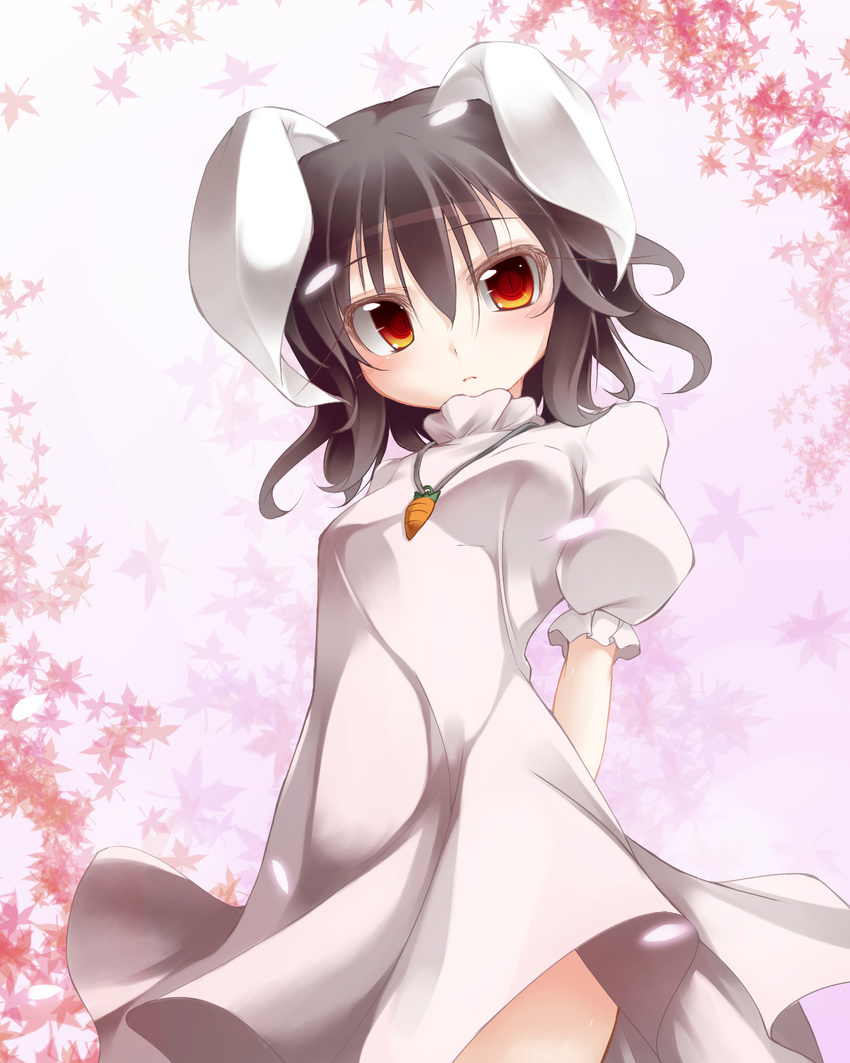 animal_ears brown_hair bunny_ears carrot colorized dress fuyuno_taka highres inaba_tewi jewelry leaf maple_leaf orange_eyes pendant short_hair slit_pupils solo touhou