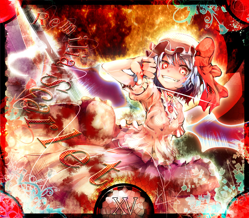 acid-230 blue_hair fang hat highres remilia_scarlet short_hair solo thumbs_down touhou wings