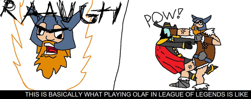 angry cape crazy_eyes gloves helmet klonny league_of_legends multiple_boys olaf_the_berserker punching truth twisted_fate viking